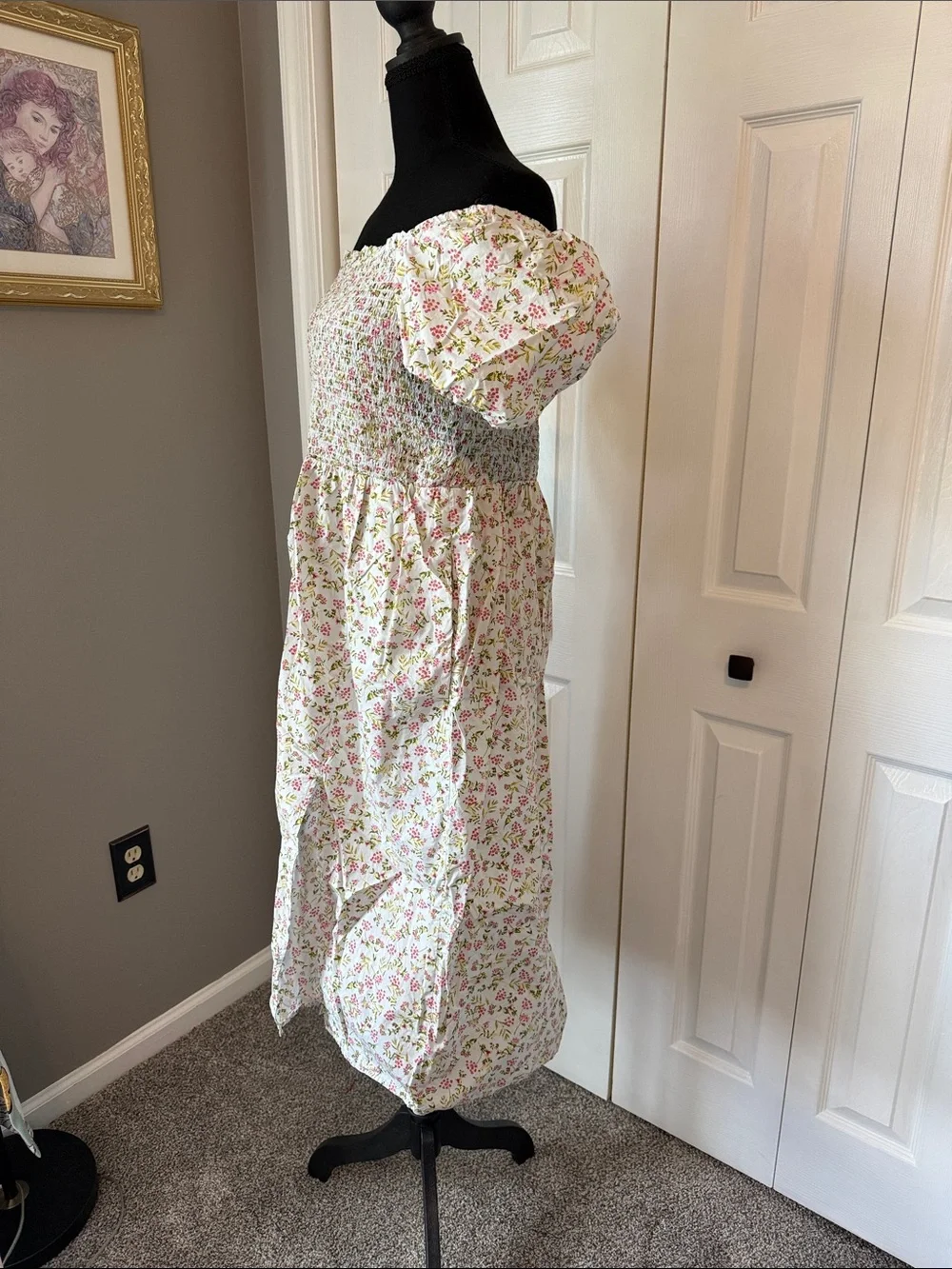 J. Crew White Smocked Midi Dress with Pink & Green Floral Print